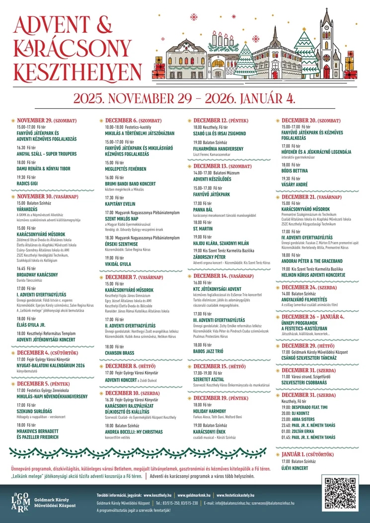 Advent és Karácsony Keszthely 2025. Ünnepi programok, események, rendezvények