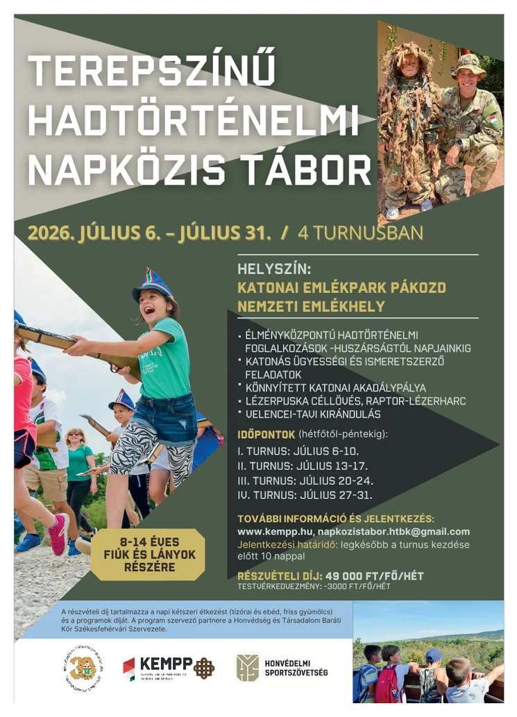 Katonai tábor gyerekeknek 2026 Pákozd. Terepszínű hadtörténelmi napközi tábor a Katonai Emlékparkban